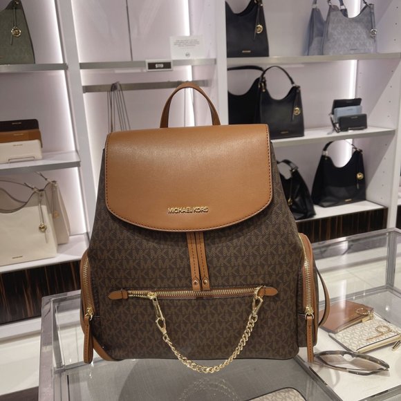 Michael Kors Handbags - MK JST LG Chain Flap Backpack Brown Logo